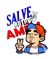 a cartoon of a man giving a peace sign with the words " salve mojitos am " in the background