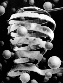 a black and white drawing of a spiral of balls