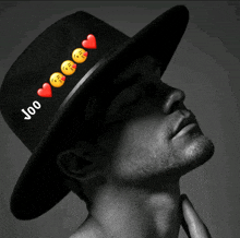 a man wearing a black hat with the word joo on it