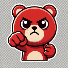 a red teddy bear with an angry face and a fist