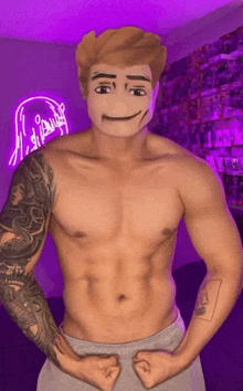 a shirtless man with a tattoo on his arm is flexing his muscles in front of a purple background