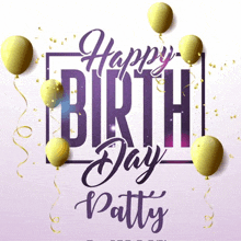 a happy birth day patty card with balloons and confetti