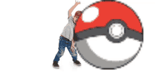 a boy standing next to a pixelated pokeball