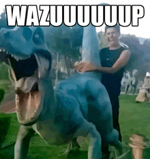 a painting of a man holding a dinosaur with the words wazuuuuup written above it