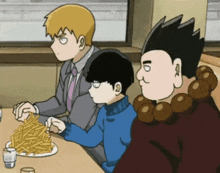 a group of three anime characters are sitting at a table eating french fries .