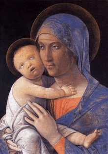 a painting of a woman holding a baby with red spots on his face