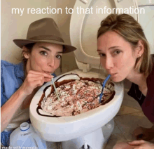 two women drinking from a toilet filled with ice cream and chocolate sprinkles