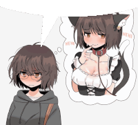 a drawing of a girl with glasses and a cat ear and a speech bubble that says " heh "