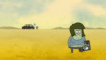 a cartoon character is standing in a field holding a picture of himself