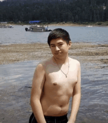 a young boy without a shirt is standing in the water on a beach .