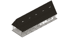 an isometric drawing of a building with a black roof and white trim