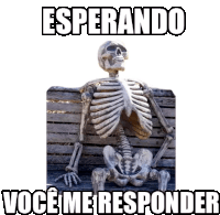 a skeleton is sitting on a wooden bench with the words `` esperando você me responder '' written on it .