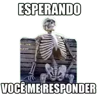 a skeleton is sitting on a wooden bench with the words `` esperando você me responder '' written on it .