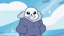 a cartoon of sans from undertale is standing with his arms crossed in front of a blue background .