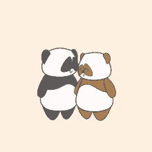 two panda bears are standing next to each other and hugging