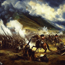 a painting of a battle scene with soldiers on horseback and smoke coming out of the sky .