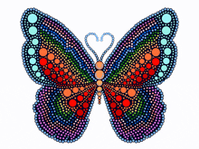 a colorful butterfly made of dots with a heart on its wing