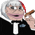 a pixel art of a woman in a tuxedo smoking a cigar .