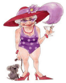 a cartoon of an elderly woman in a bathing suit holding a martini glass .