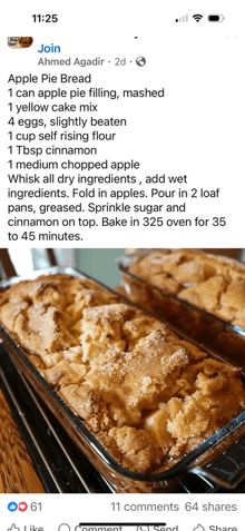 a recipe for apple pie bread is displayed on a phone