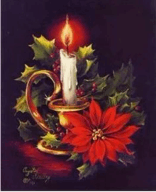 a candle is lit in a candle holder next to a poinsettia and holly .