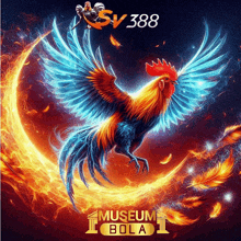 a colorful rooster is surrounded by flames and a museum bola logo