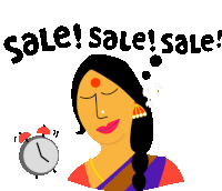 a cartoon illustration of a woman sleeping with an alarm clock and the words sale below her