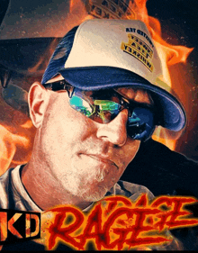 a man wearing sunglasses and a hat with the word kd rage on it