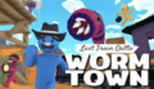 a blue worm in a cowboy hat is standing next to a pink worm in a video game called worm town .