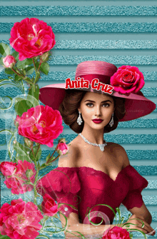 a woman wearing a red hat with the name anita cruz written on it