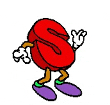 a cartoon drawing of a red letter s with hands and feet .