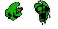 a cartoon drawing of a green hand and a cartoon drawing of a green skull