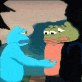 three cartoon frogs are standing next to each other and one of them is a blue frog