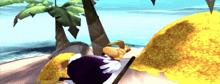 a cartoon character laying on a beach with a palm tree in the background