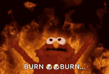 elmo is surrounded by flames with the words burn burn