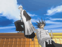 two anime characters are standing on a roof and one has a sword in his hand