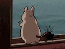 a cartoon hamster is standing on a window sill looking out a window .