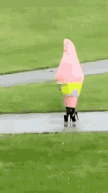 a woman in a spongebob costume is walking down a path .