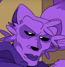 a close up of a purple cartoon character with an angry expression on his face