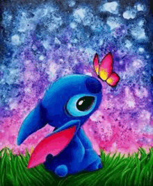 stitch is sitting in the grass with a butterfly on his head .