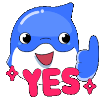 a blue dolphin giving a thumbs up with the word yes