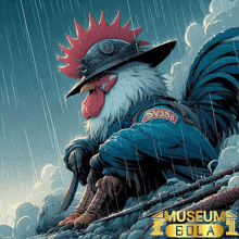 an illustration of a rooster wearing a hat and holding a gun with the words museum bola on the bottom