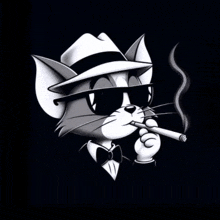 a black and white drawing of a cat wearing a hat and sunglasses smoking a cigar