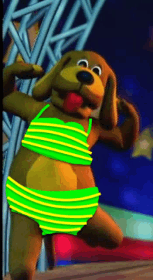 a cartoon dog is wearing a green bikini and dancing .