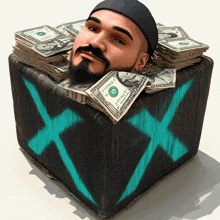 a man with a beard is laying on a stack of dollar bills with the letters xx painted on the side