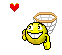 a pixel art illustration of a smiley face holding a ring .