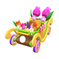 a green and yellow toy car with flowers on the back