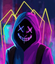 a person in a purple hoodie with a neon smiley face on their face