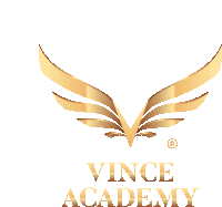 a logo for the vince academy with a gold wing on a white background