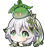 a girl with a green plant on her head